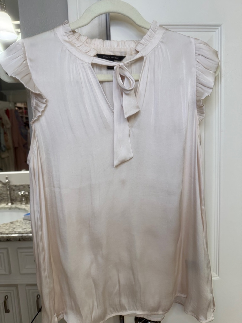 Banana Republic Pale Blush Ruffle Tie-Neck Silk Top